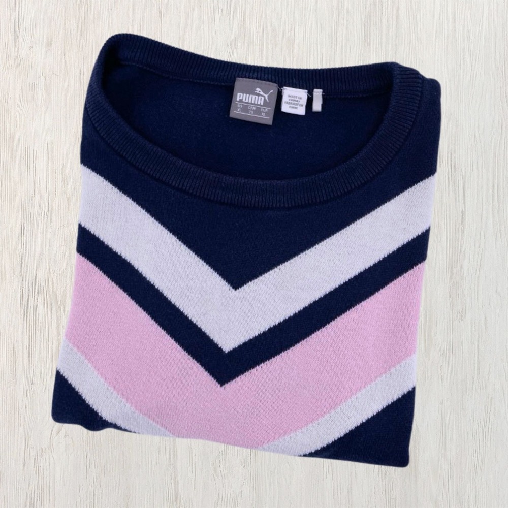 Puma Women XL Navy Blue Pink Chevron Striped Crewneck Sweater Preppy Sport Knit